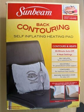 Sunbeam Contouring Heating Back Pad Adjustable, Self-Inflates, New In Box Gray